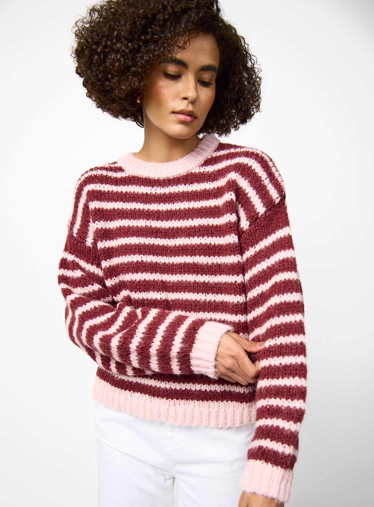 Dark Red Stripe Print Slouch Fit Knitted Jumper XL - Image 1 thumbnail